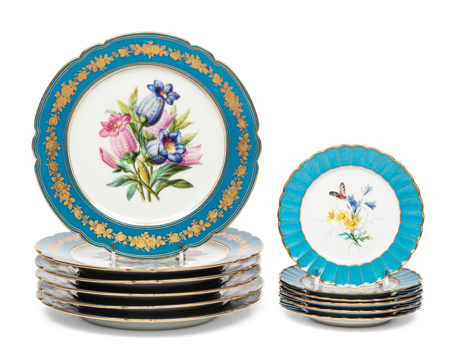 A Set of Six French Porcelain Botanical Dessert Plates and Six French Porcelain Bread Plates