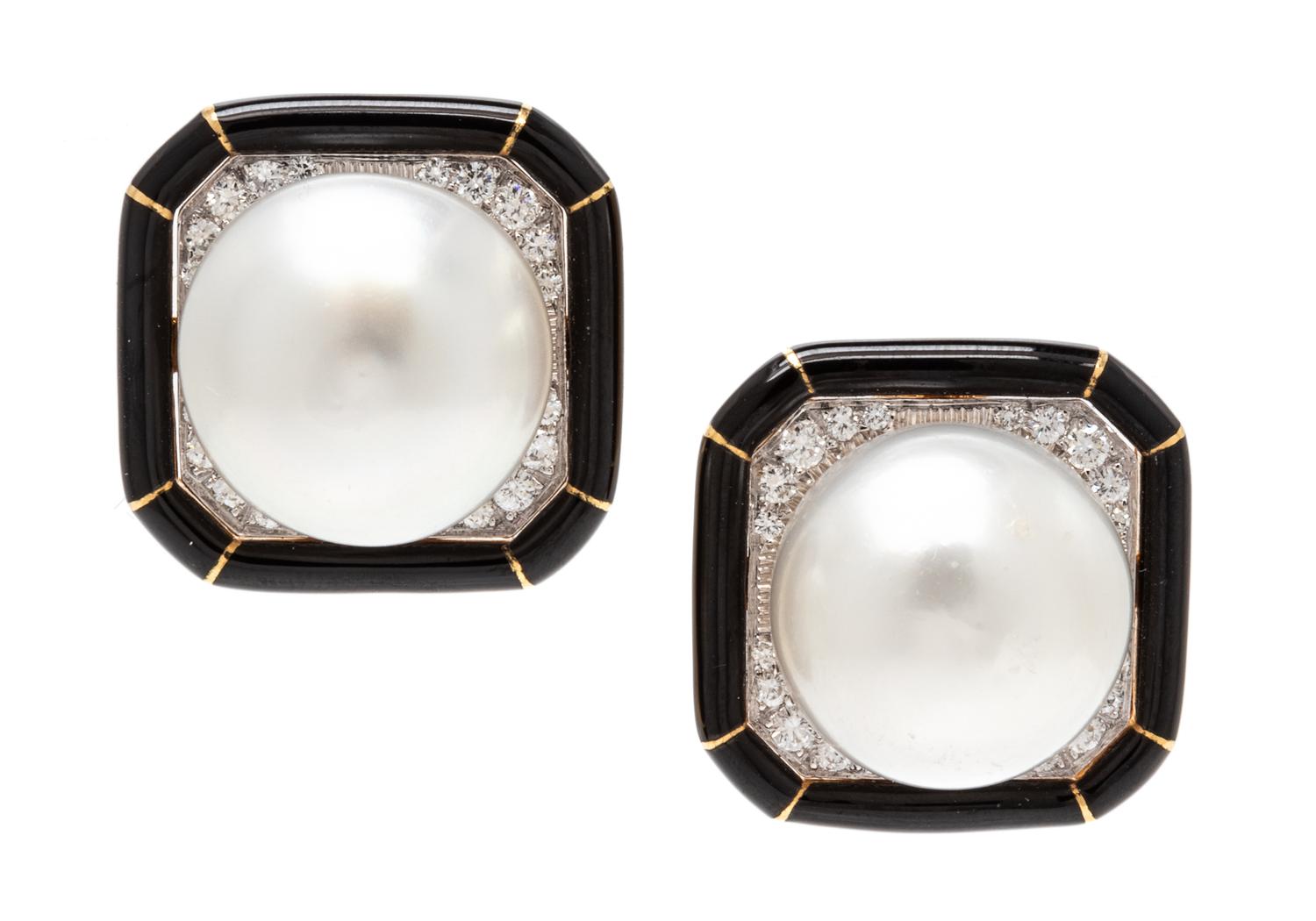 A Pair of 18 Karat Yellow Gold, Platinum, Cultured South Sea Pearl, Diamond and Enamel Earclips, David Webb, 18.25 dwts.
