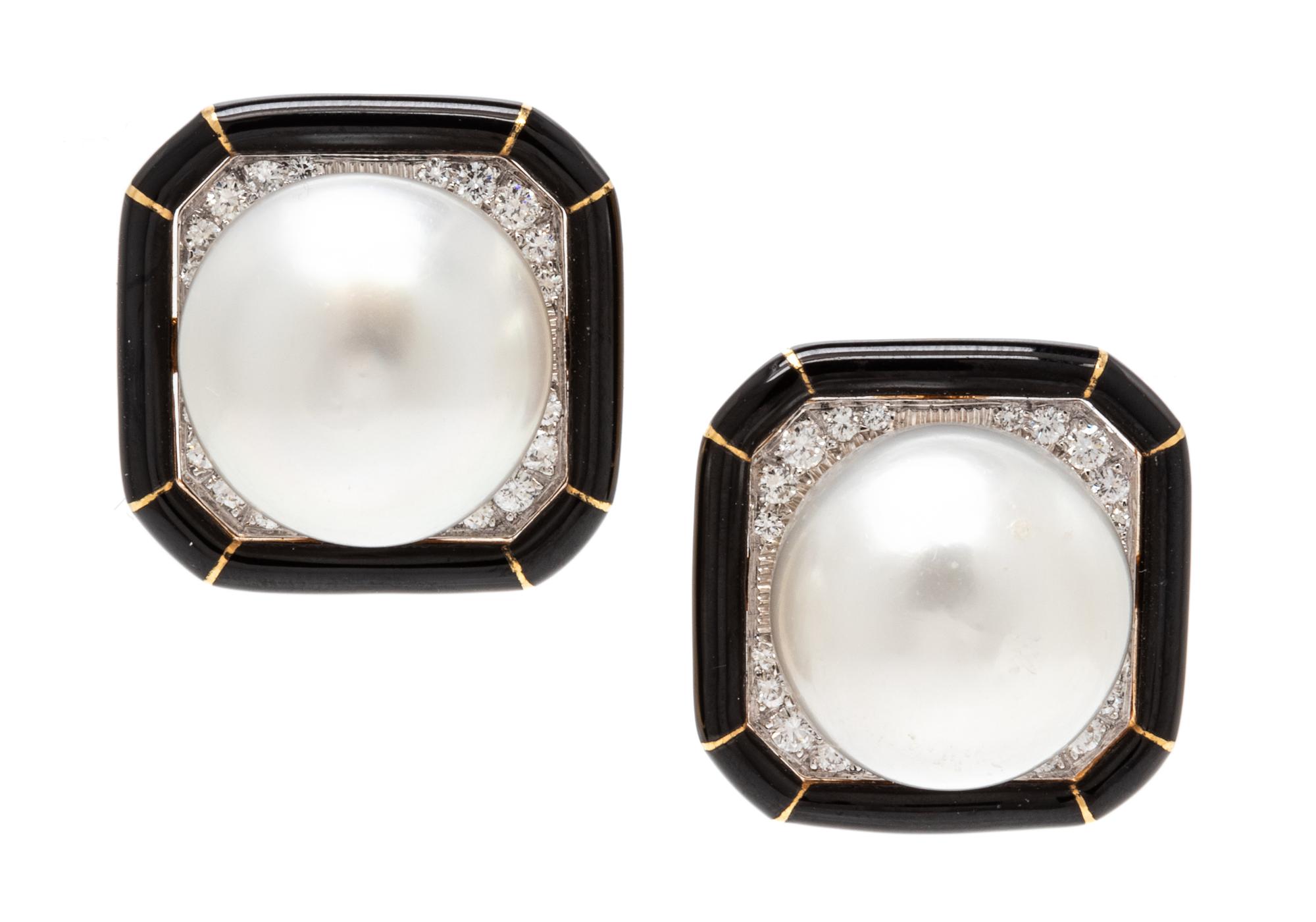 A Pair of 18 Karat Yellow Gold, Platinum, Cultured South Sea Pearl, Diamond and Enamel Earclips, David Webb, 18.25 dwts.
