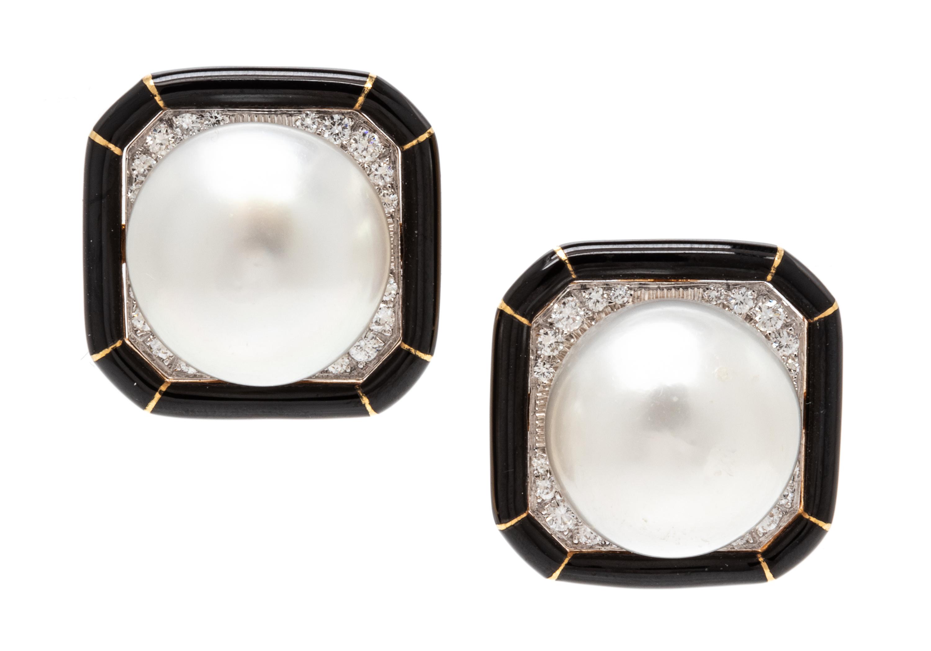 A Pair of 18 Karat Yellow Gold, Platinum, Cultured South Sea Pearl, Diamond and Enamel Earclips, David Webb, 18.25 dwts.