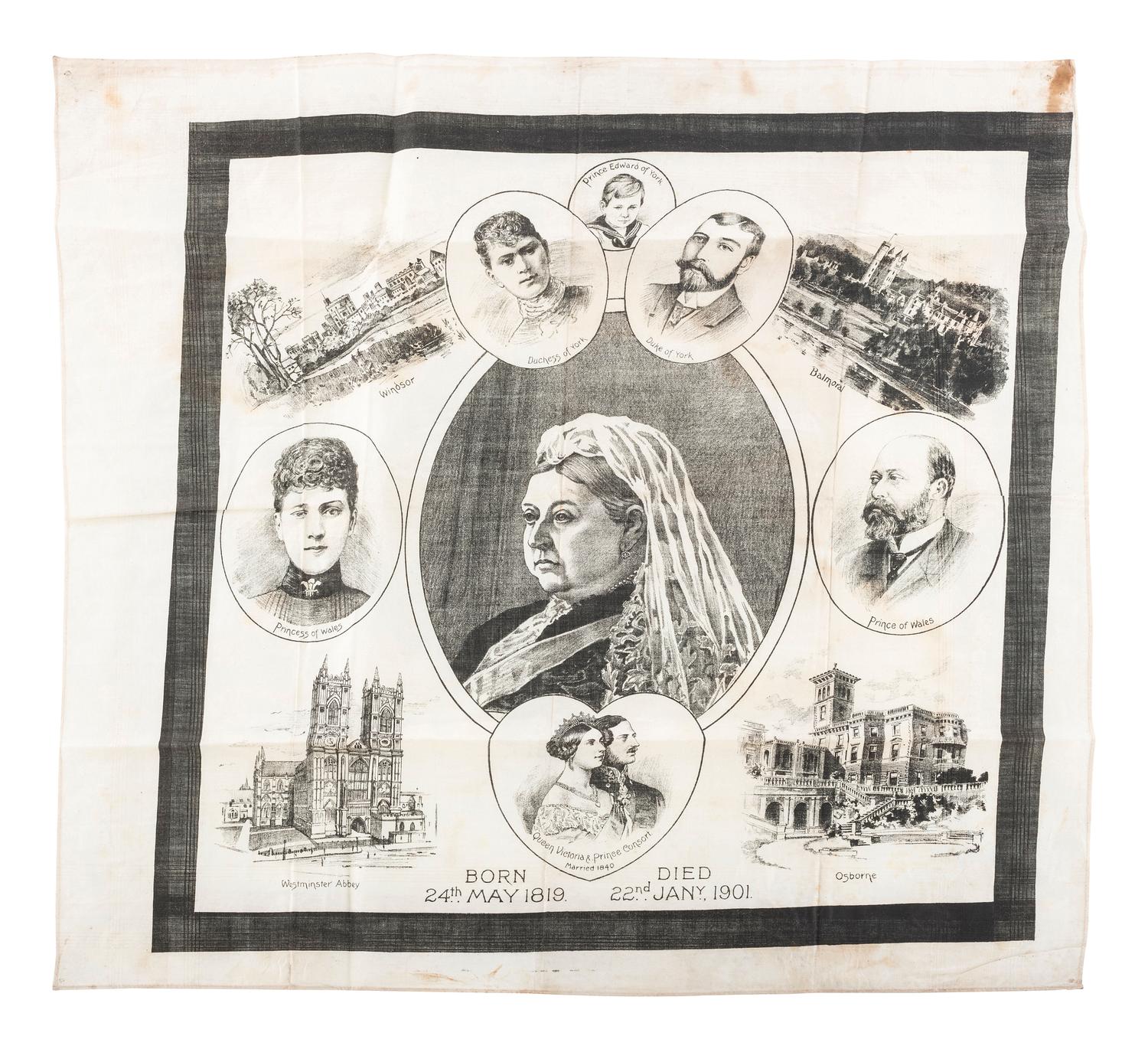 [ROYALTY]. Poster and textiles celebrating Queen Victoria and her son, Edward VII, comprising: