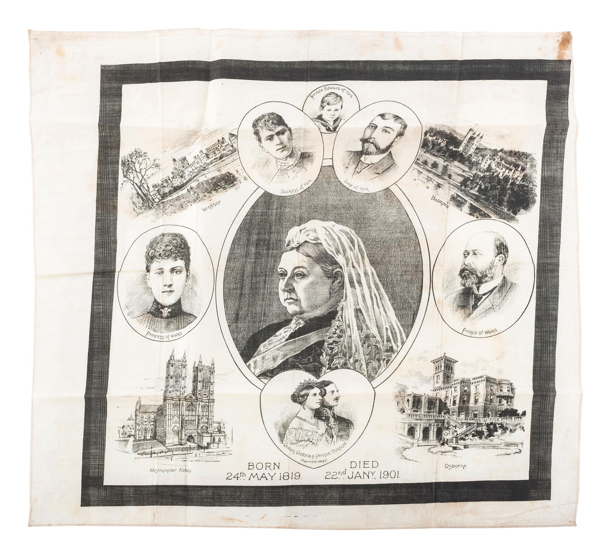 [ROYALTY]. Poster and textiles celebrating Queen Victoria and her son, Edward VII, comprising: