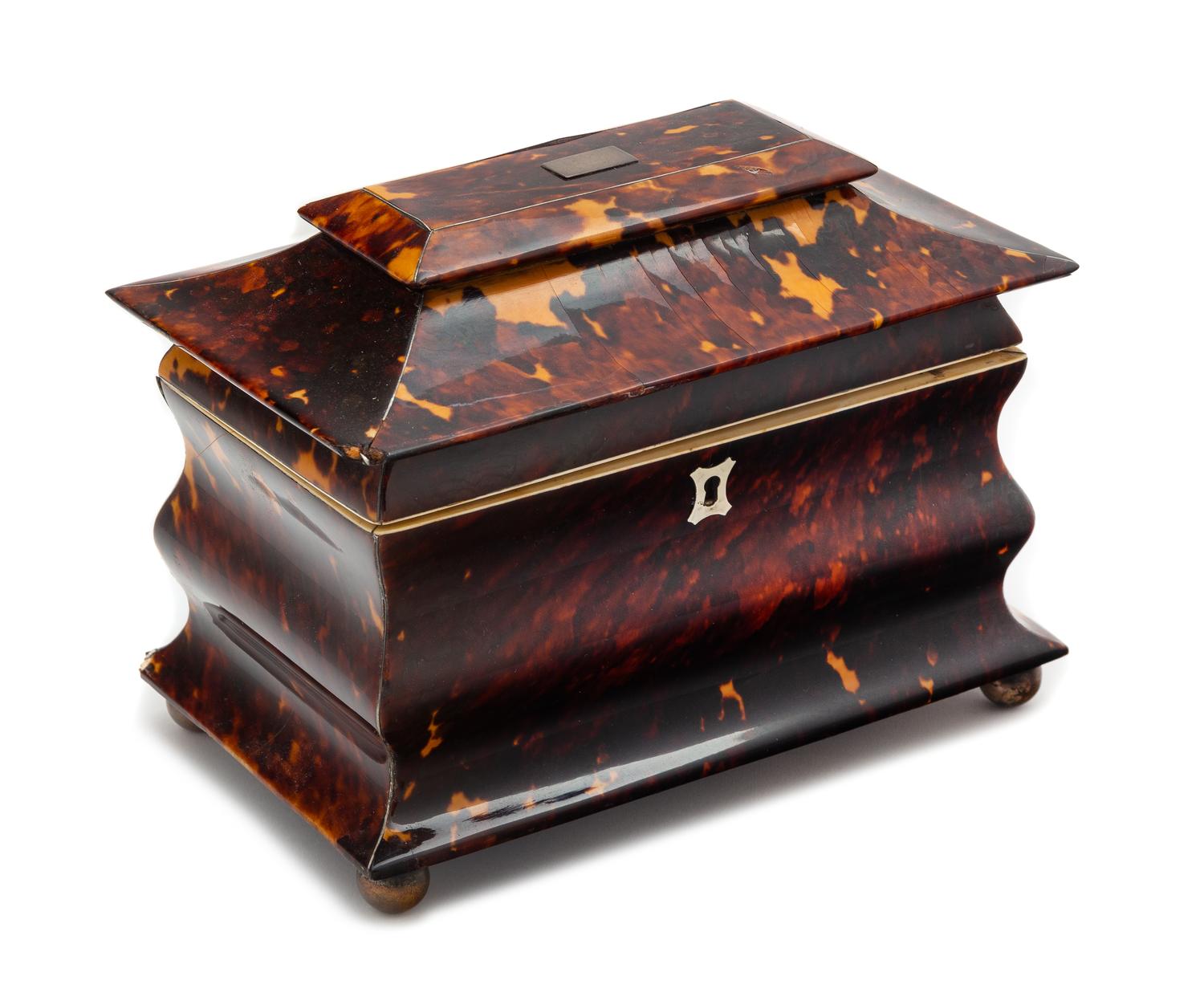An English Silver-Inlaid Tortoise Shell Tea Caddy Height 6 x width 8 inches. — 19TH CENTURY