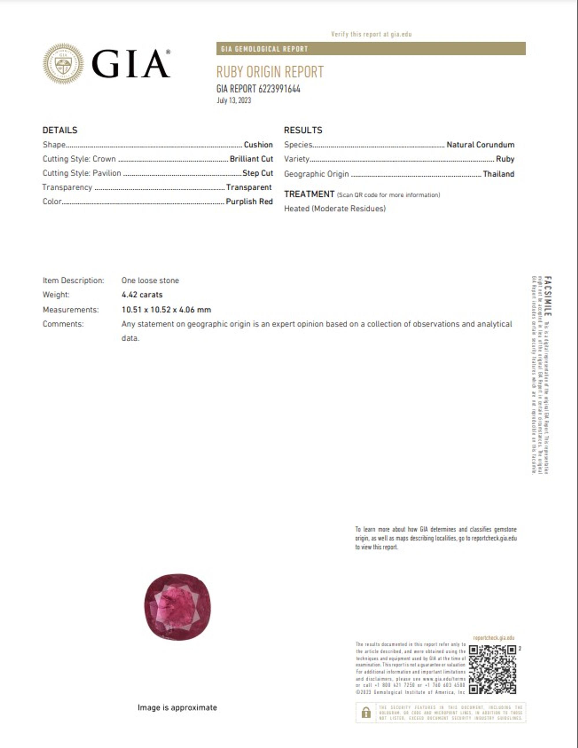 4.42 CARAT CUSHION CUT RUBY