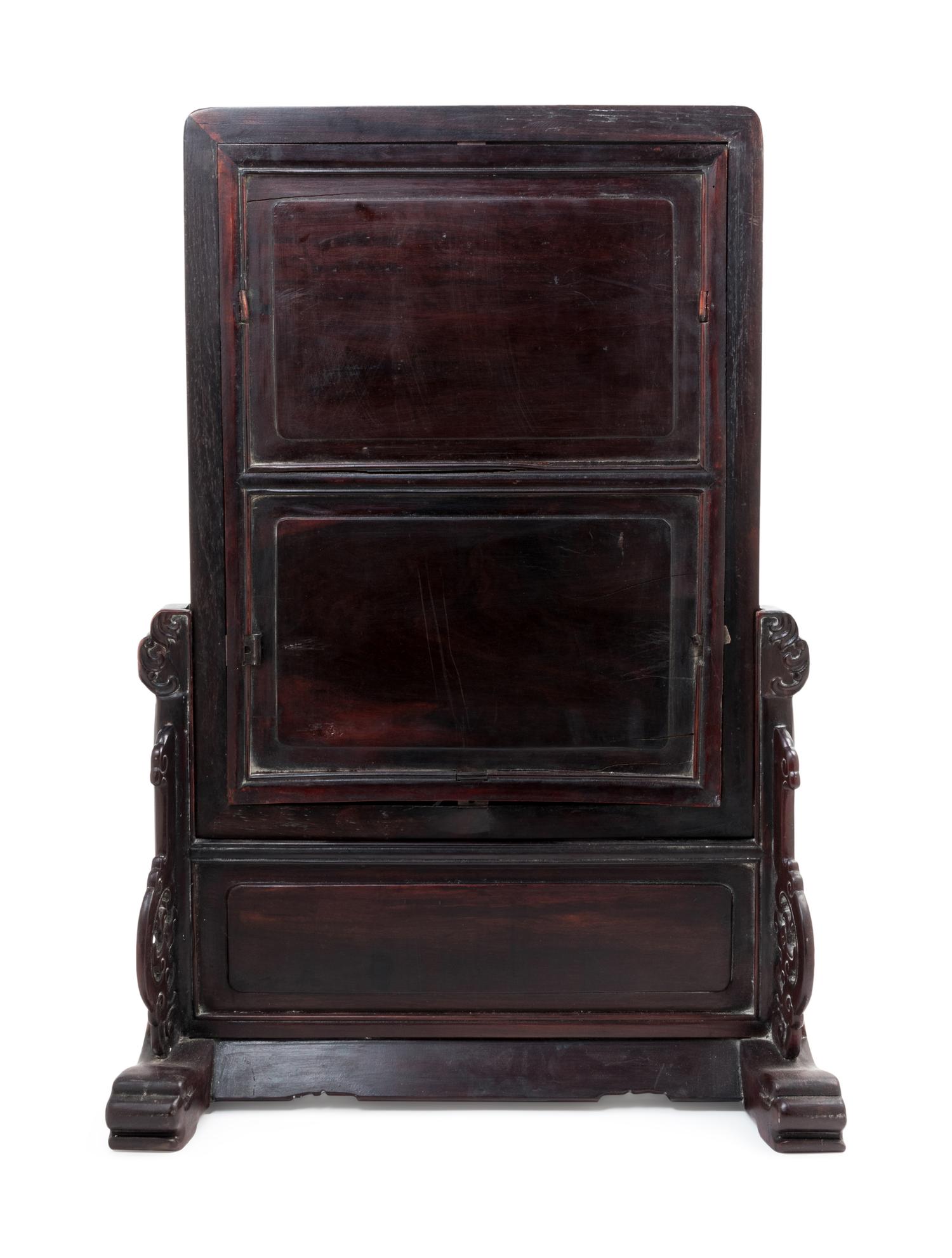 A Famille Rose Porcelain Inset Hongmu Table Screen