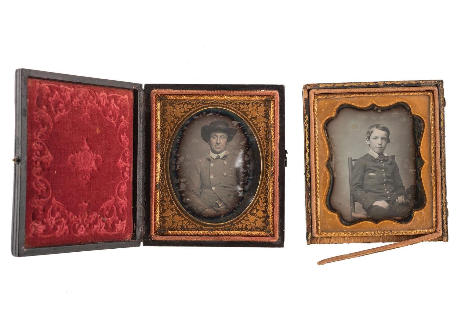 [EARLY PHOTOGRAPHY]. A group of 3 daguerreotypes in uniform, highlighted by half plate daguerreotype of uniformed subject sharing a drink with a civilian.