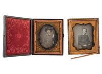 [EARLY PHOTOGRAPHY]. A group of 3 daguerreotypes in uniform, highlighted by half plate daguerreotype of uniformed subject sharing a drink with a civilian.