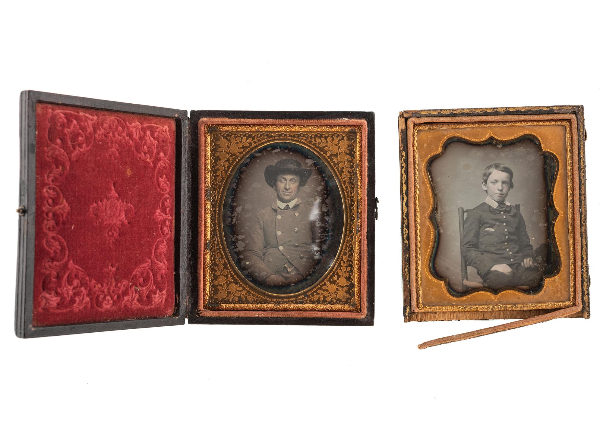 [EARLY PHOTOGRAPHY]. A group of 3 daguerreotypes in uniform, highlighted by half plate daguerreotype of uniformed subject sharing a drink with a civilian.