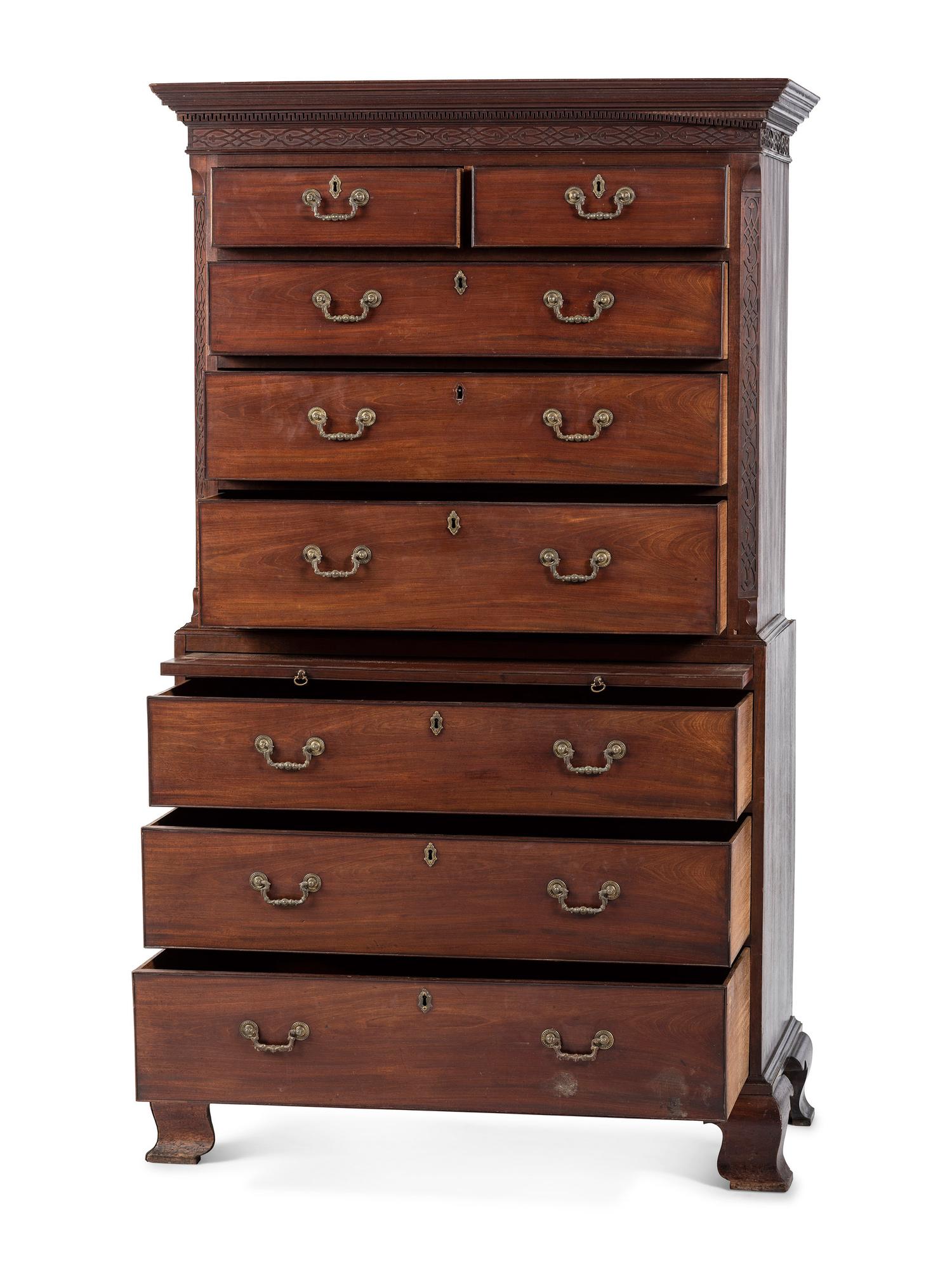A George III Chinese Chippendale Walnut Chest-on-Chest