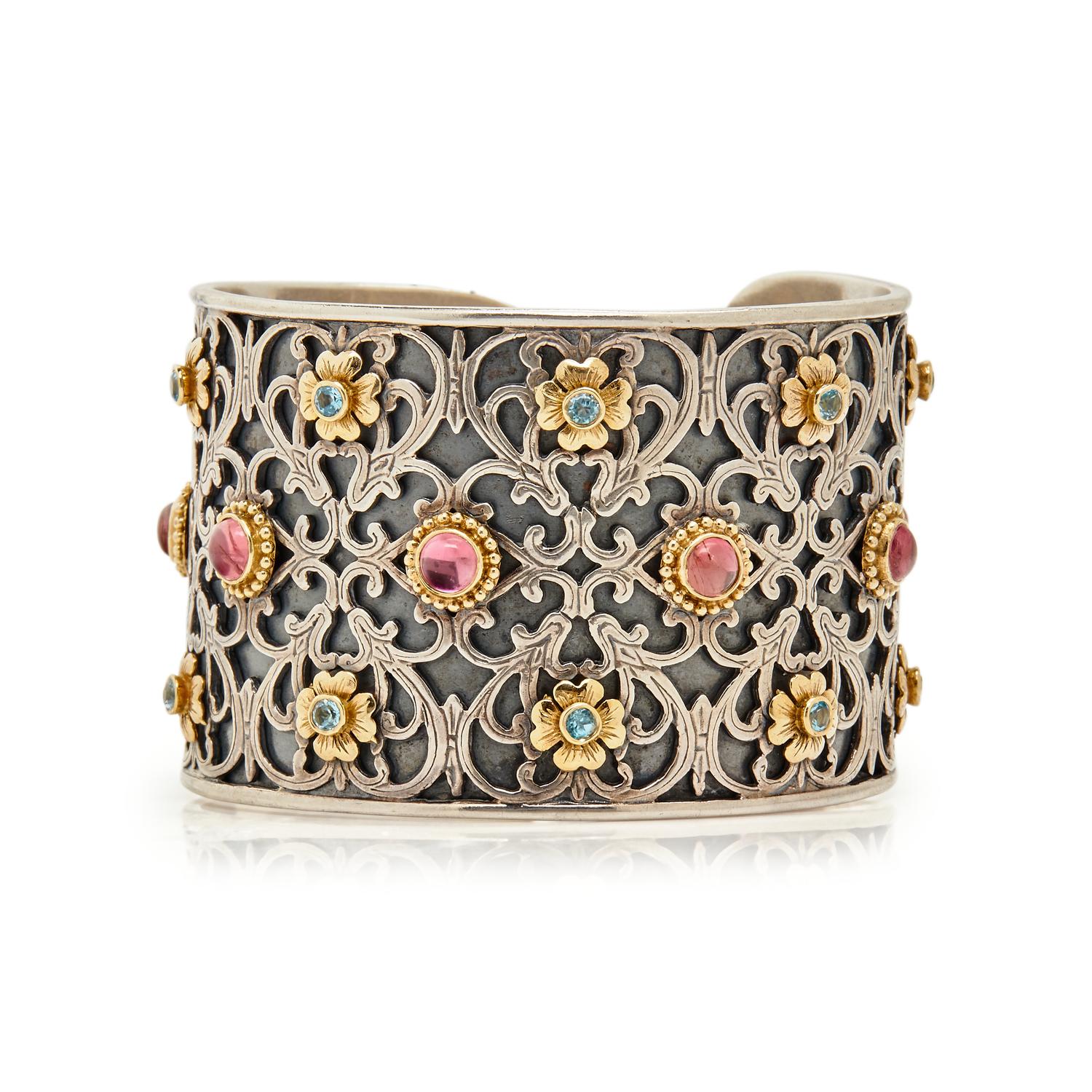KONSTANTINO, SILVER, YELLOW GOLD, AND MULTI GEM CUFF BRACELET