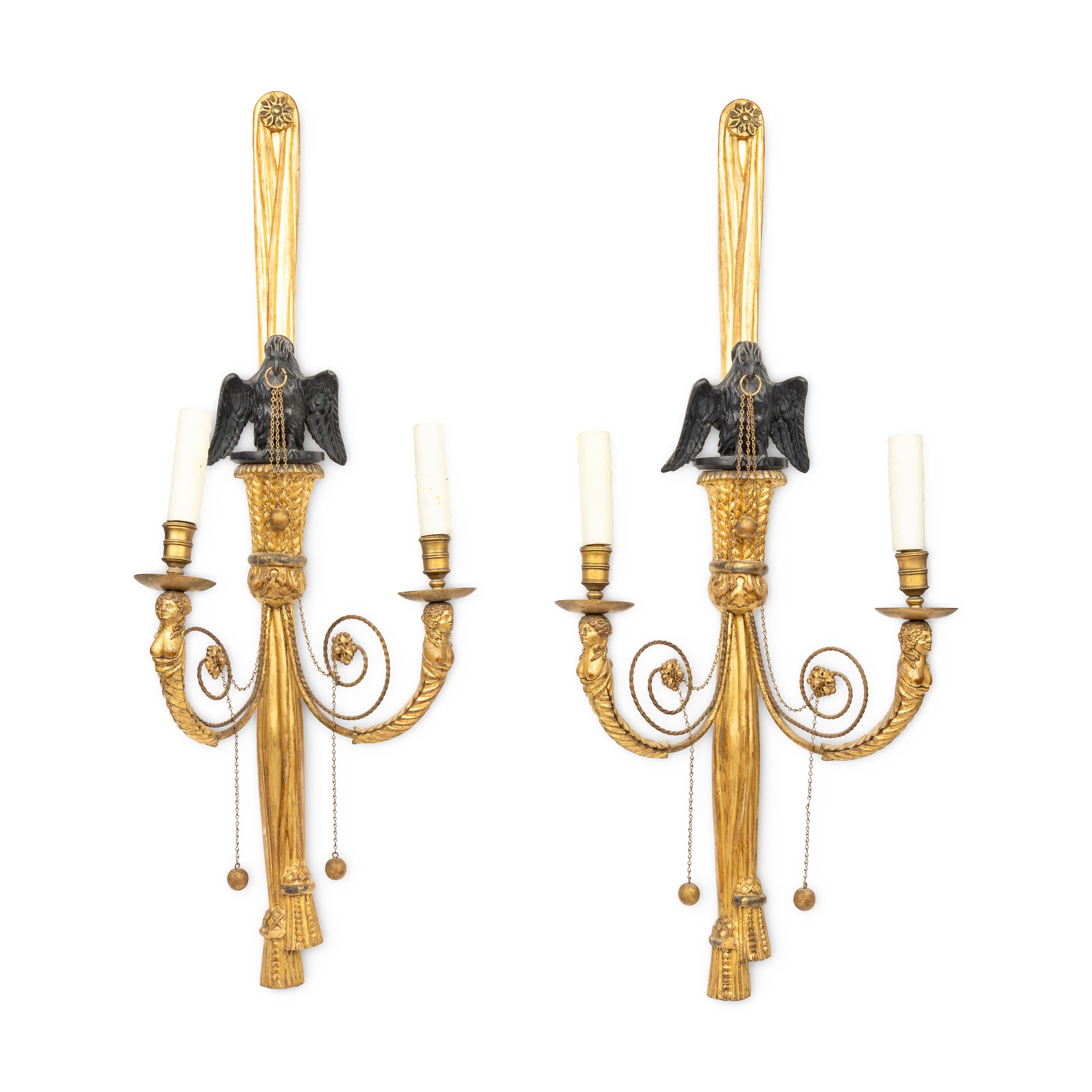 A Pair of Giltwood, Bronze and Brass Eagle Form Wall Lights