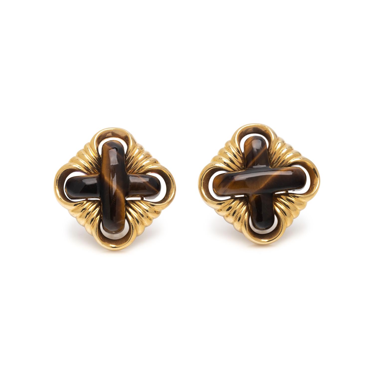 YELLOW GOLD AND TIGER'S EYE EARCLIPS
