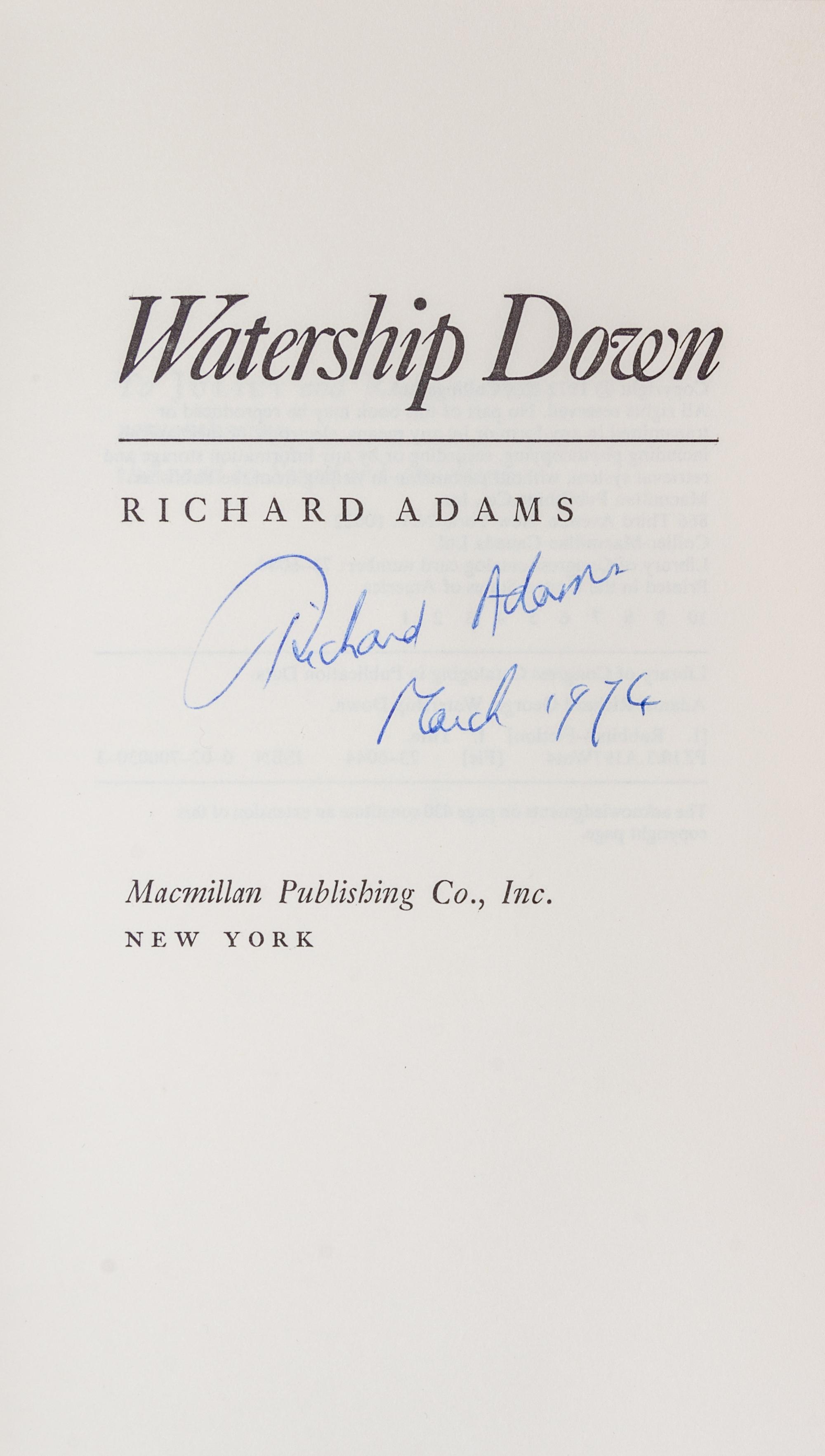 ADAMS, RICHARD. Watership Down. New York, 1972. First American edition, signed. With a first edition of Shardik