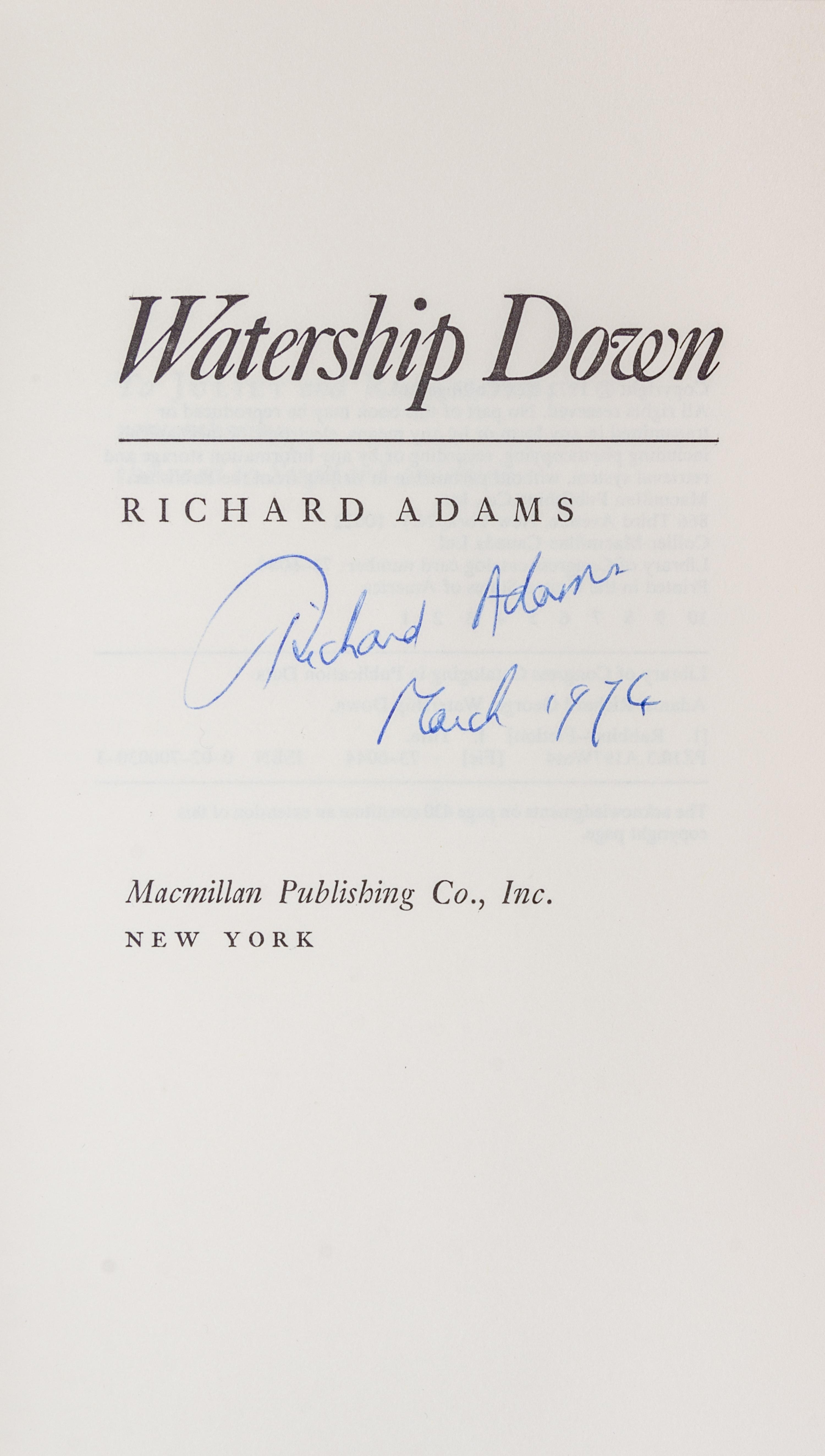 ADAMS, RICHARD. Watership Down. New York, 1972. First American edition, signed. With a first edition of Shardik