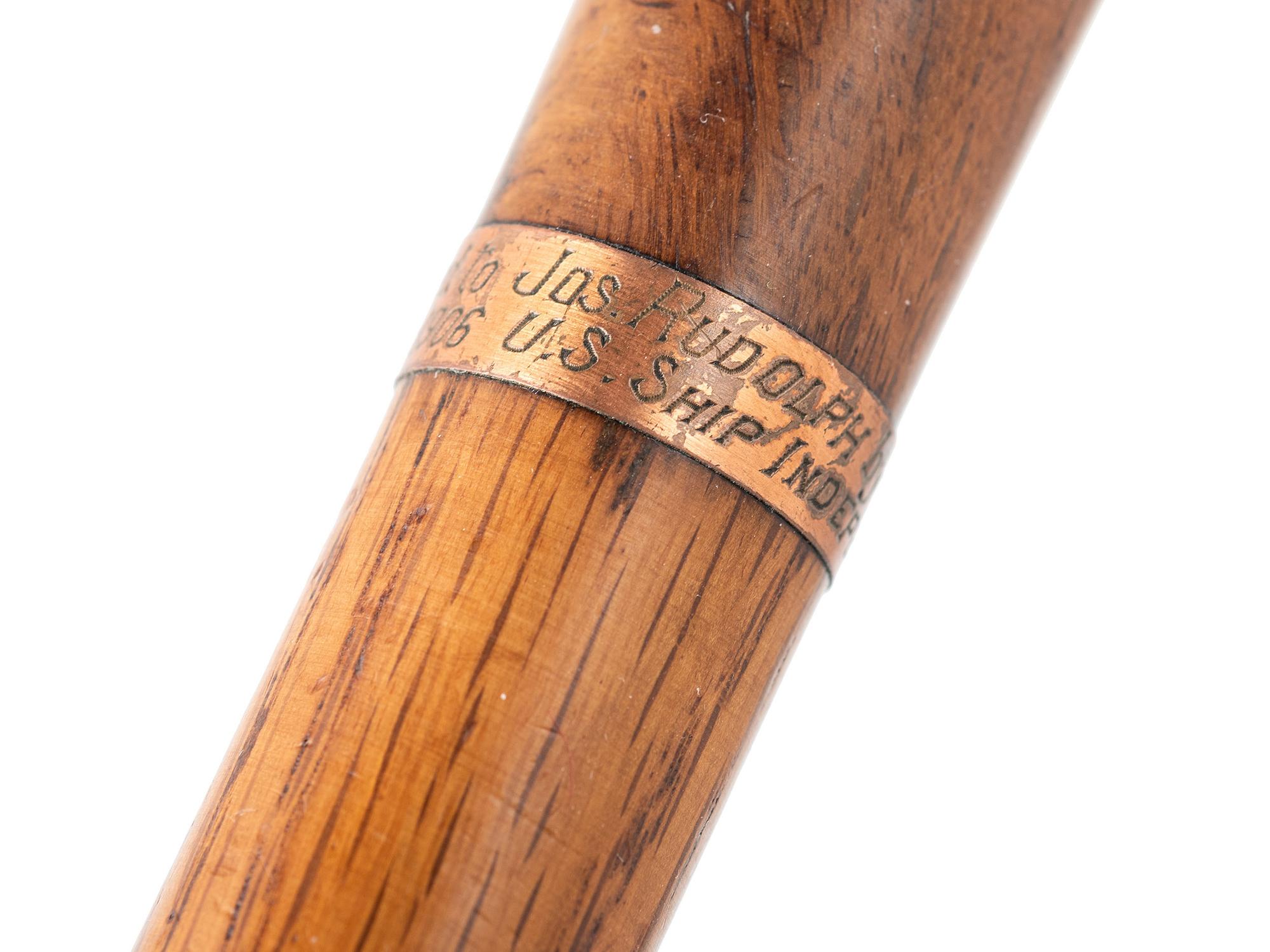[MILITARIA - NAVY]. Walking stick presented to Joseph Rudolph by Captain Giles B. Harber.
