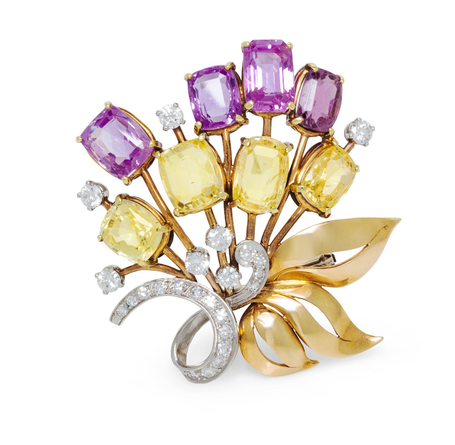 A Retro Rose Gold, Platinum, Multi Color Sapphire, Spinel and Diamond Brooch, Birks, 12.80 dwts.