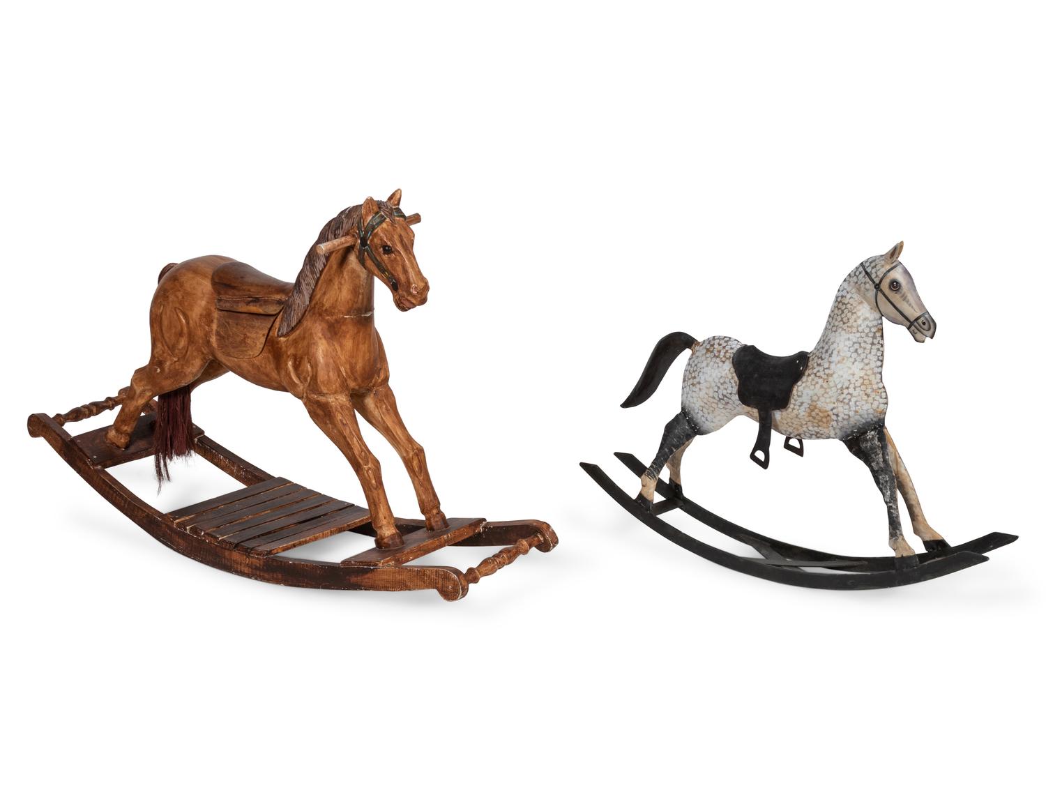 A Paint Decorated Rocking Horse and a Carved Rocking Horse