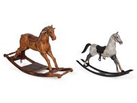 A Paint Decorated Rocking Horse and a Carved Rocking Horse