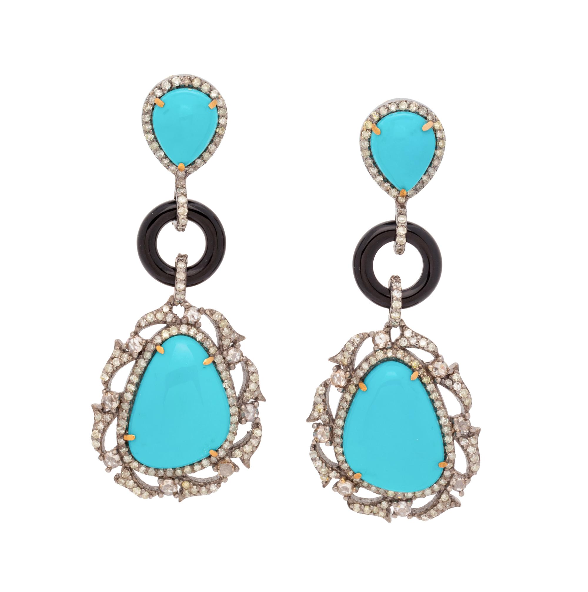 TURQUOISE, DIAMOND AND ONYX EARRINGS