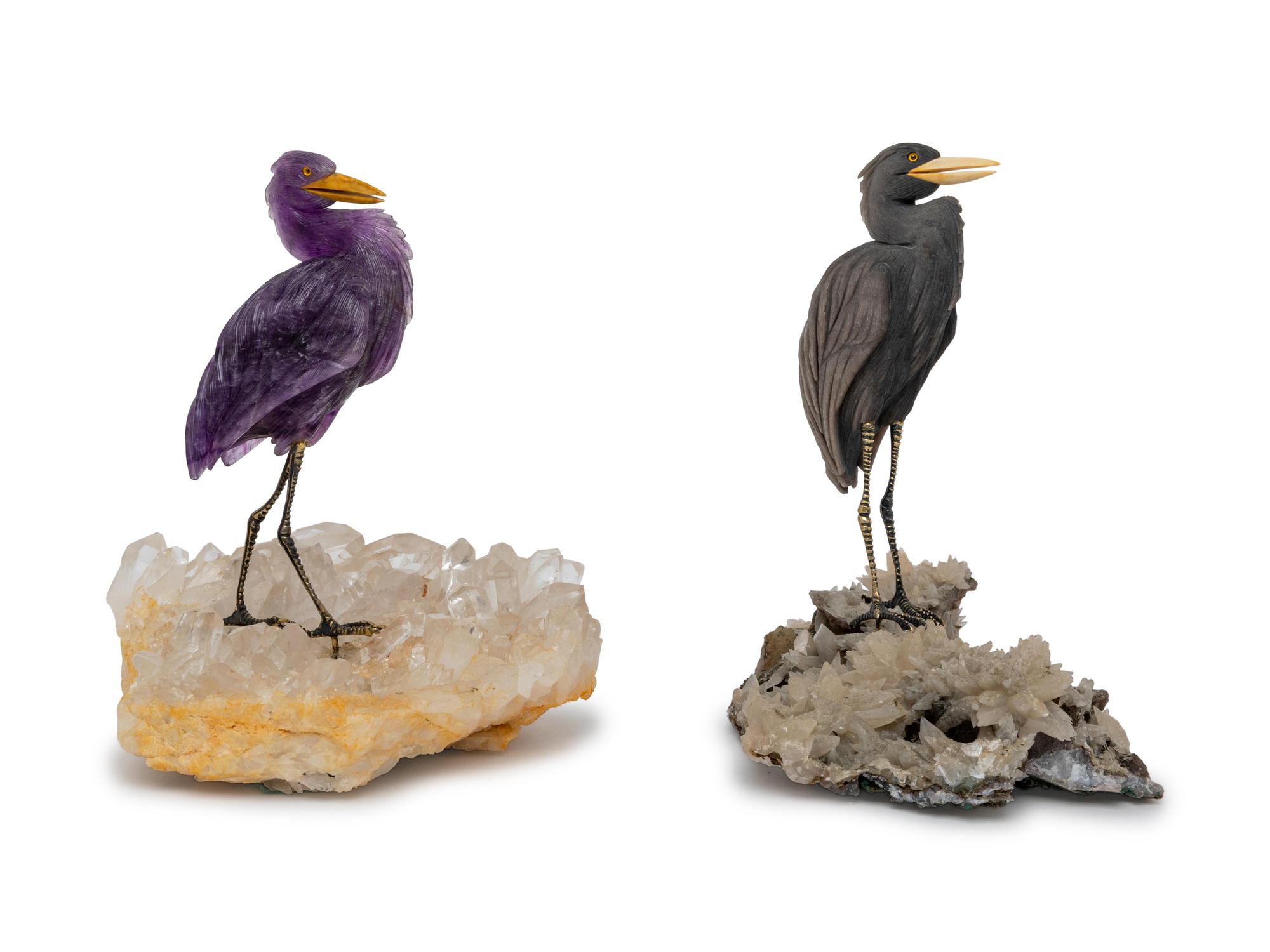 An Amethyst Carved Heron Figure and an Obsidian Carved Heron Figure