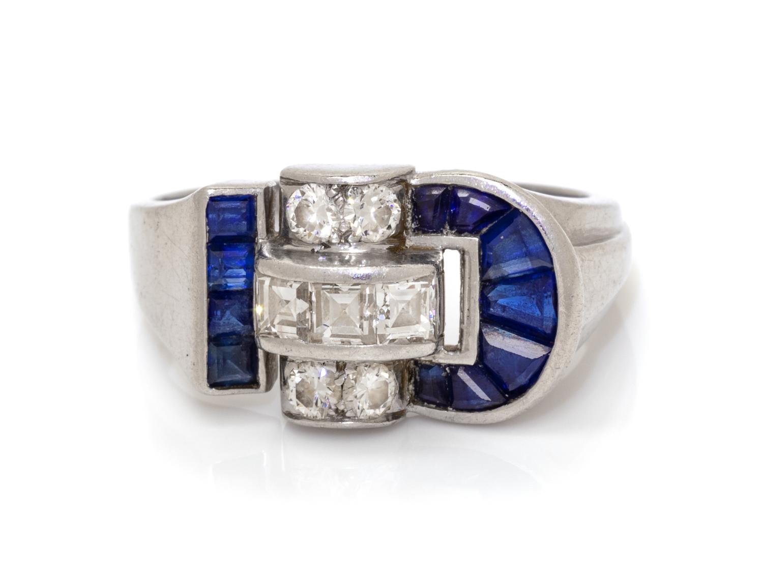 A Machine Age Platinum, Diamond and Sapphire Ring, J.& L. Hartzberg, 4.00 dwts.