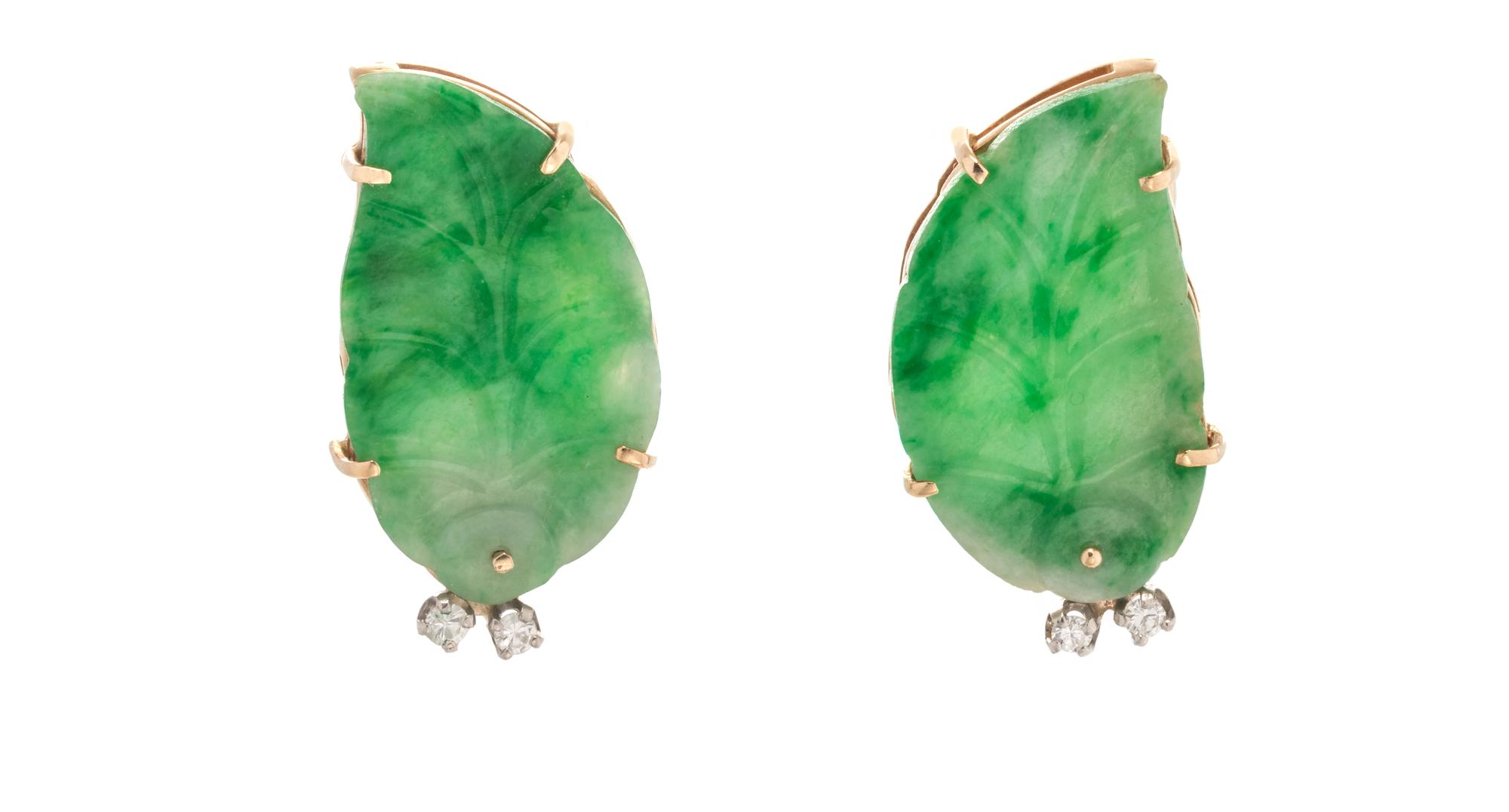 JADE AND DIAMOND EARCLIPS
