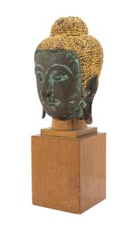 A Thai Parcel Gilt Bronze Buddha Head 18TH CENTURY OR EARLIER Height of head 12 1/2 inches. — 18TH CENTURY OR EARLIER