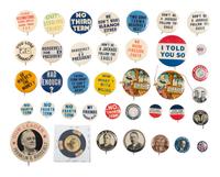 [POLITICS]. A group of 38 political buttons involving Franklin D. Roosevelt, James M. Cox, Harry Truman, and World War II efforts.