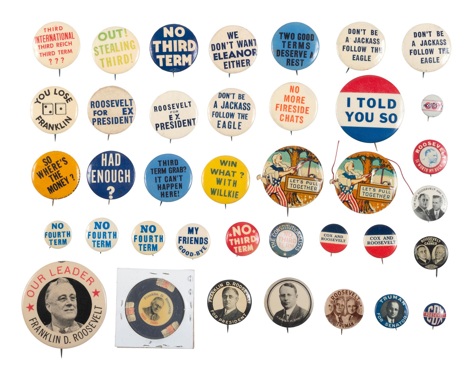 [POLITICS]. A group of 38 political buttons involving Franklin D. Roosevelt, James M. Cox, Harry Truman, and World War II efforts.