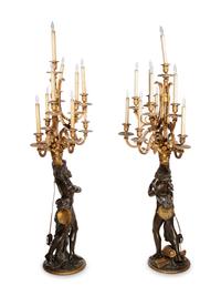 A Pair of Large Gilt and Patinated Bronze Figural Nine-Light Candelabra after the Models by Clodion