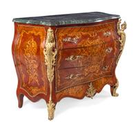 A Pair of Louis XV Style Gilt Metal Mounted Sans Traverse Inlaid Marble-Top Commodes