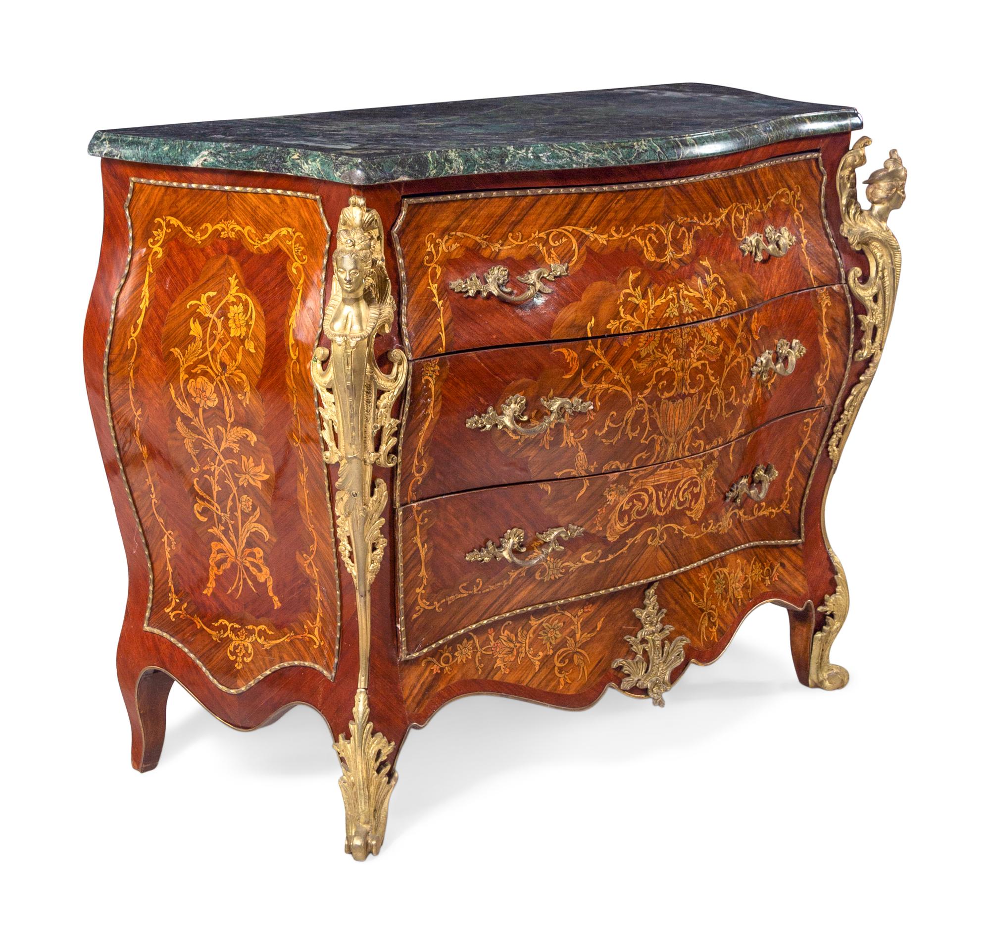 A Pair of Louis XV Style Gilt Metal Mounted Sans Traverse Inlaid Marble-Top Commodes