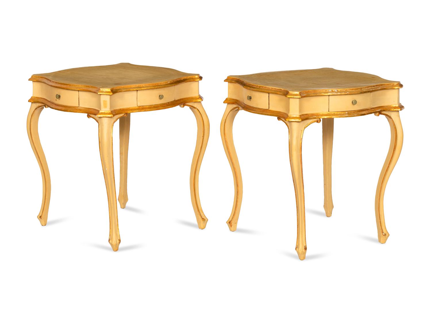 A Pair of Italian Painted and Parcel Gilt Cartouche-Form Side Tables