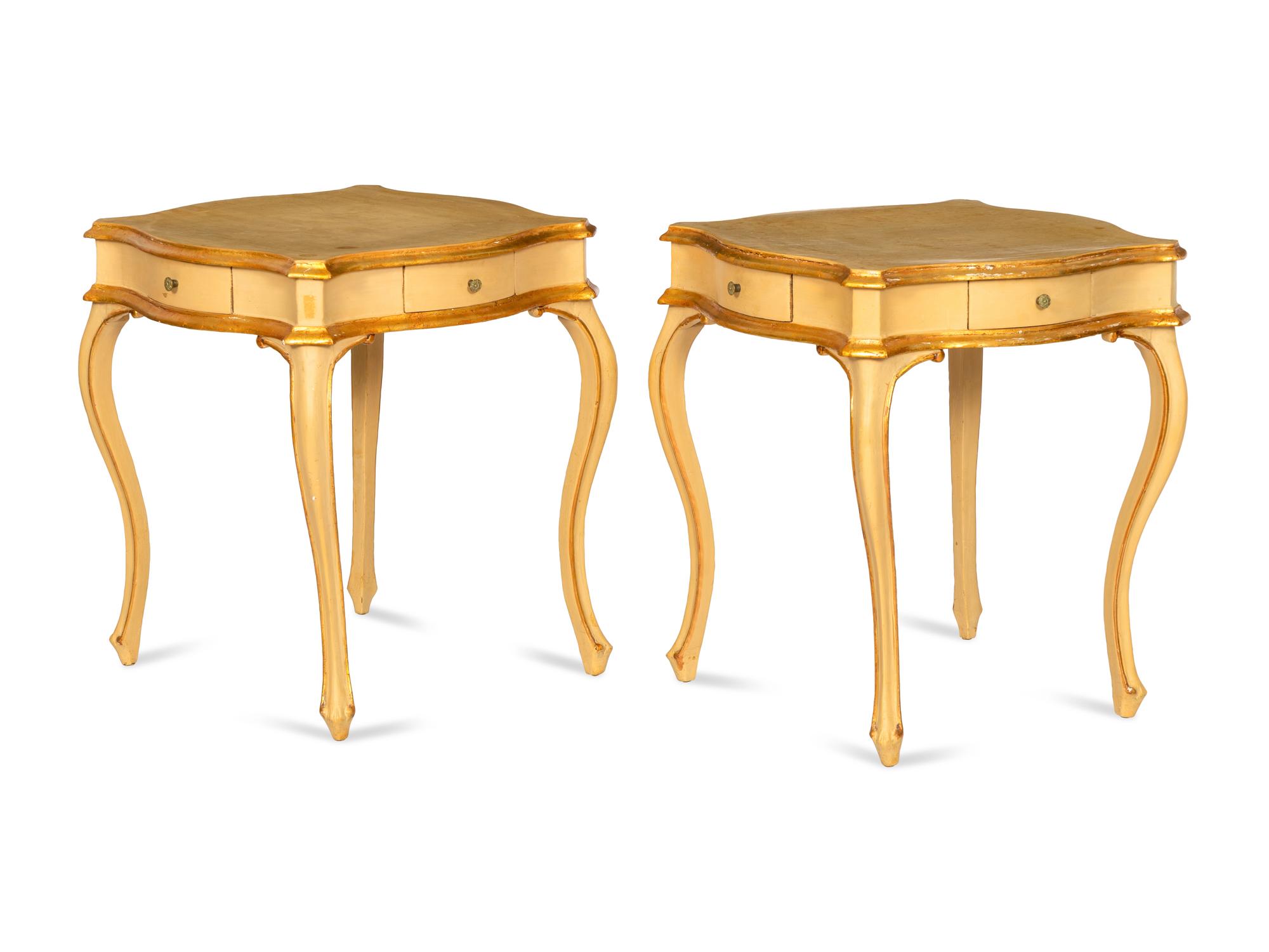 A Pair of Italian Painted and Parcel Gilt Cartouche-Form Side Tables