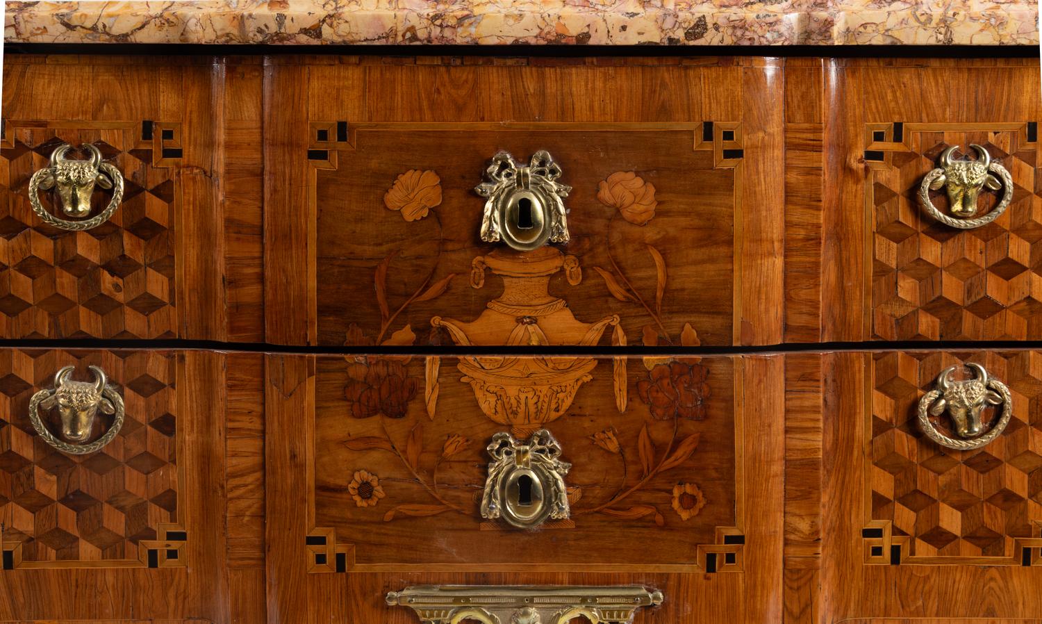 A Swedish Gilt Bronze Mounted Marquetry and Tortosa Brocatello Marble-Top Commode