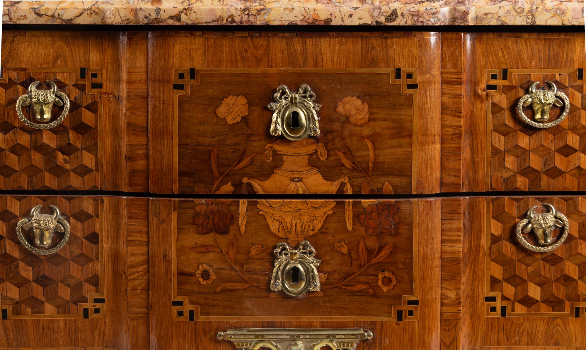 A Swedish Gilt Bronze Mounted Marquetry and Tortosa Brocatello Marble-Top Commode