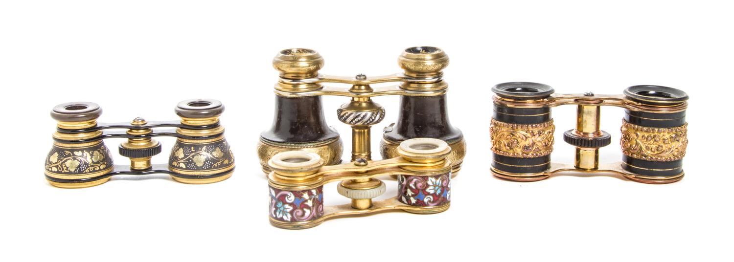 Four Pairs of French Opera Glasses, Width of widest 4 1/4 inches.