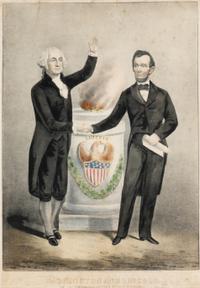 CURRIER AND IVES, publishers. -- After G. Thomas Washington and Lincoln: The Father and the Saviour of Our Country. 1865. (G.7046)