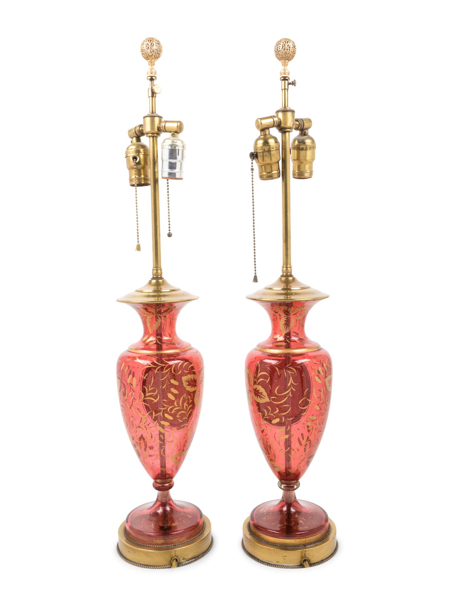 A Pair of French Enameled Cranberry Glass Vases Mounted as Lamps