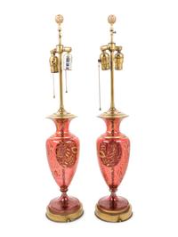 A Pair of French Enameled Cranberry Glass Vases Mounted as Lamps