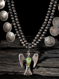 Taos Coin Silver Thunderbird Squash Blossom Necklace