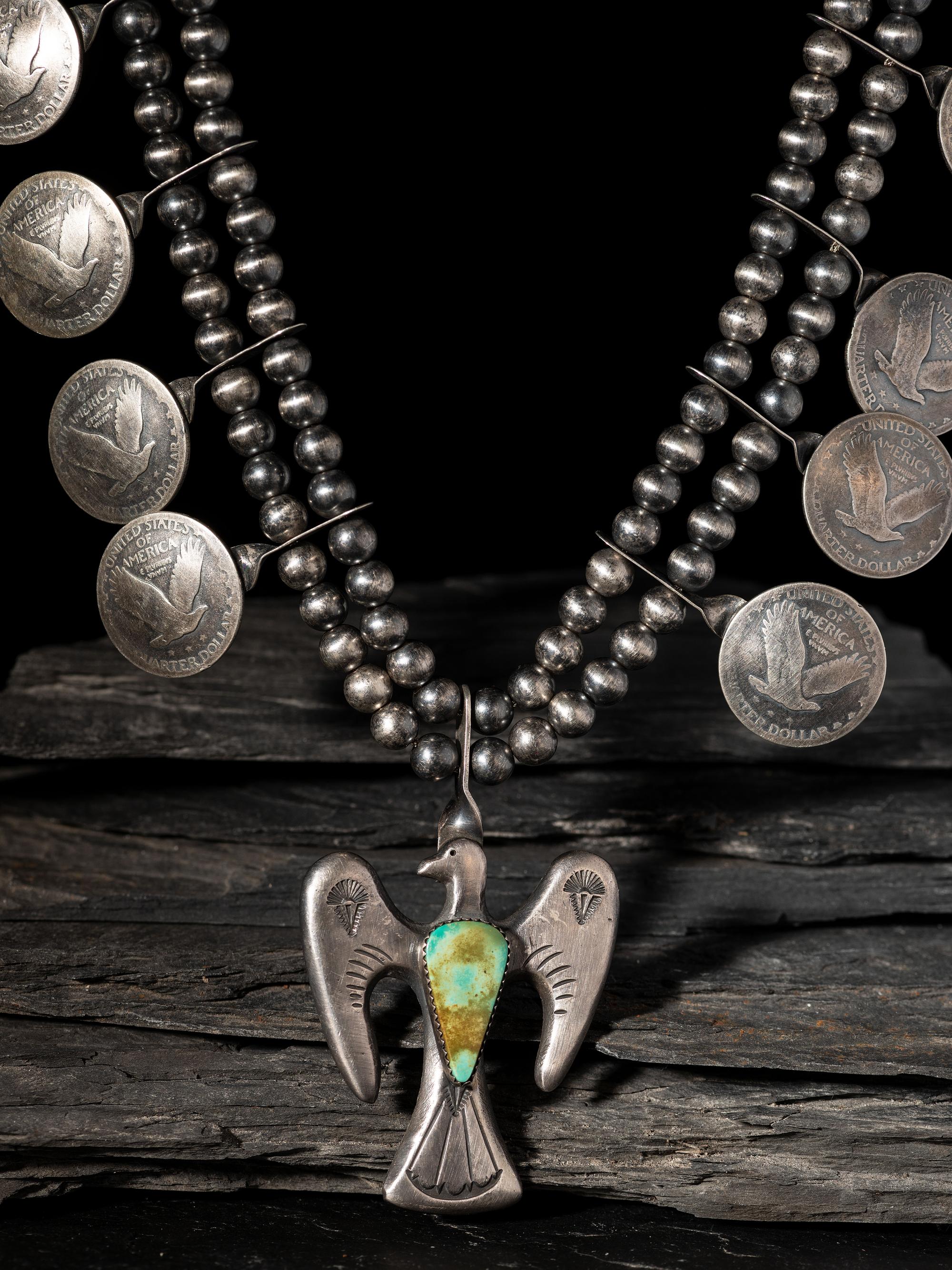 Taos Coin Silver Thunderbird Squash Blossom Necklace