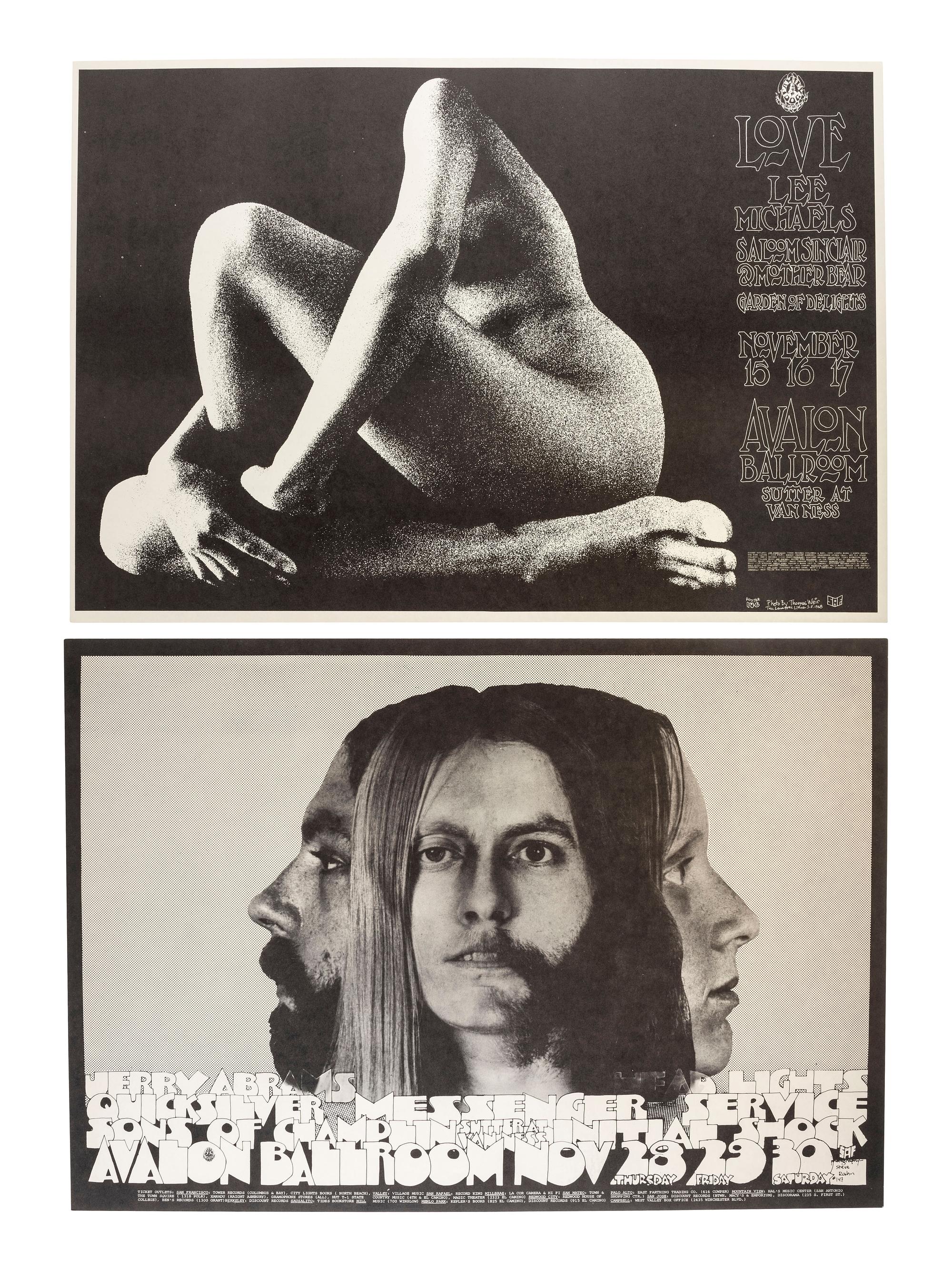 [MUSIC] -- [POSTERS]. CALL, Dean, WILSON, Wes, KNIGHT, Robert, UELSMANN, Robert, WAINWRIGHT, Jerry, SAN ANDREAS FAULT, artists. A group of 8 Family Dog posters for 1968 shows, comprising: