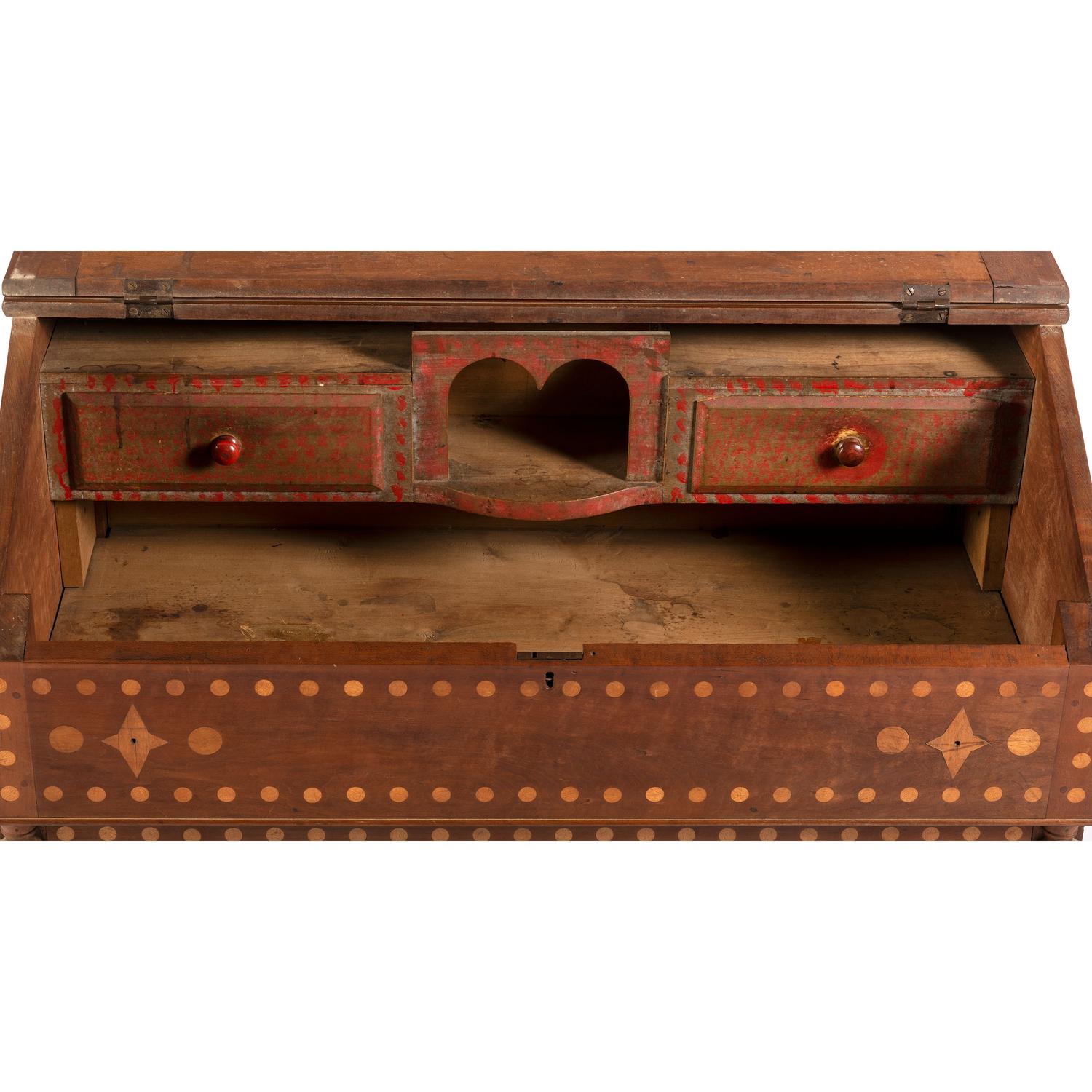 An Ohio Mennonite Inlaid Walnut and Cherrywood Slant Front Desk and Cupboard