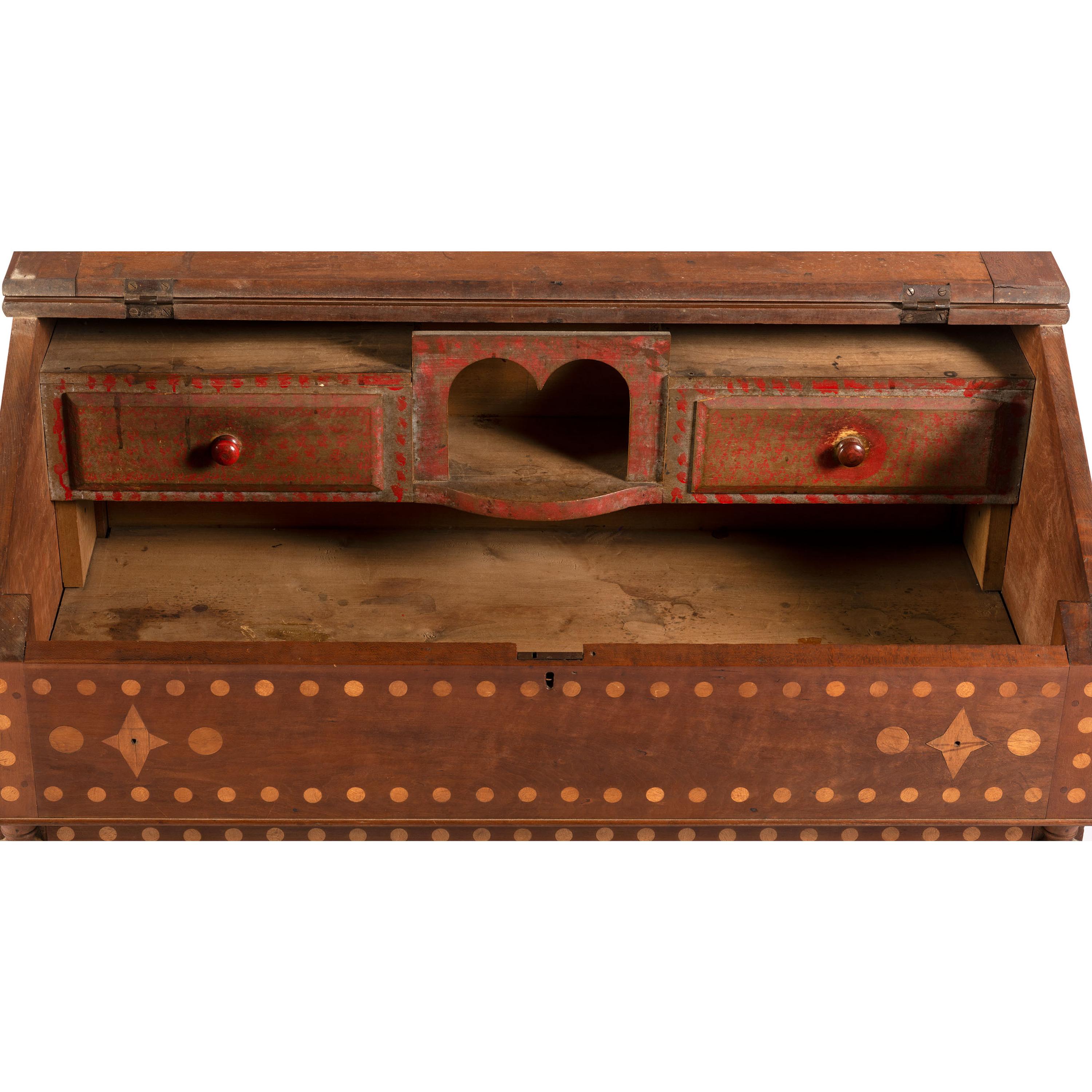 An Ohio Mennonite Inlaid Walnut and Cherrywood Slant Front Desk and Cupboard