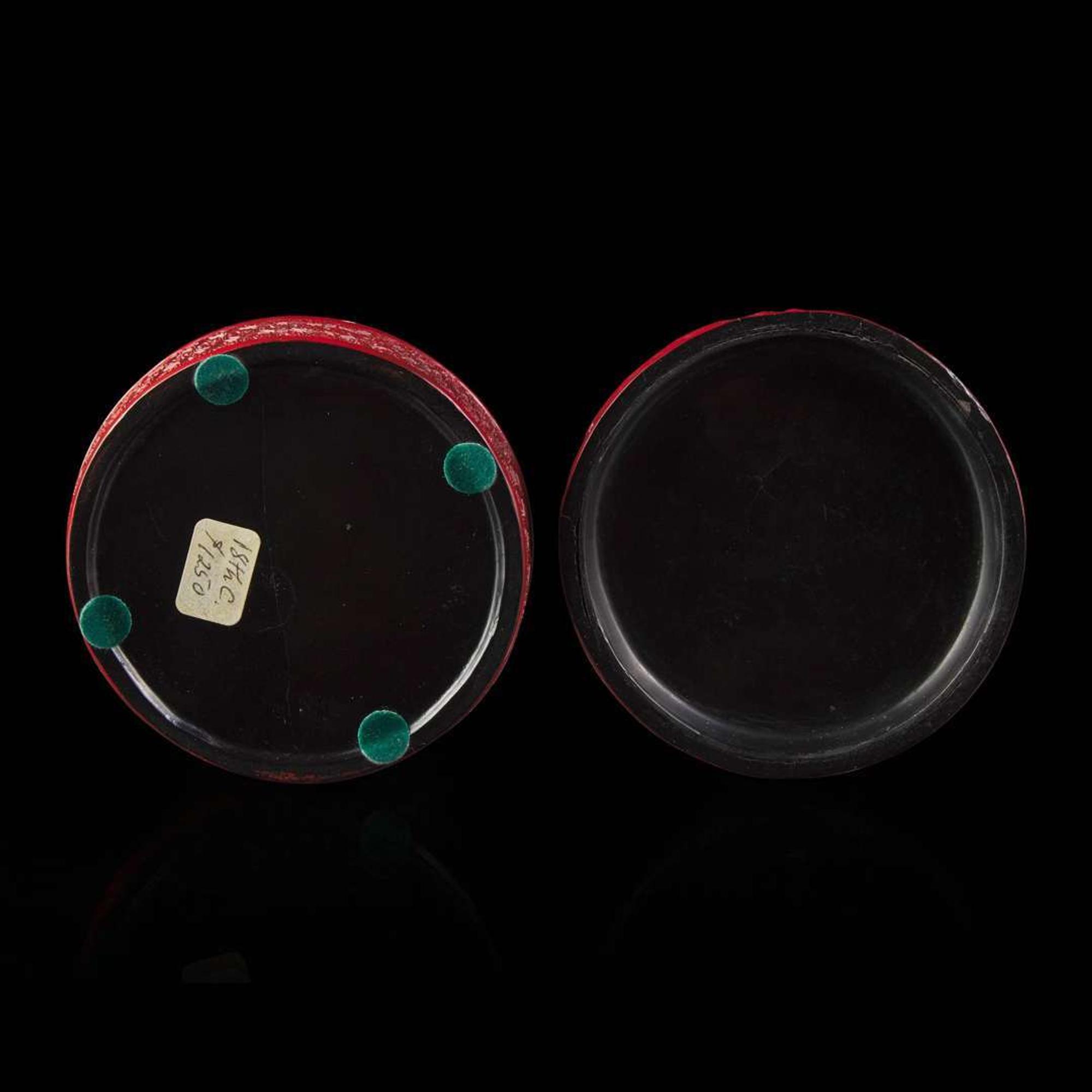 An associated pair of Chinese carved cinnabar lacquer dishes, and a small circular box 大漆 盘子或一对及一小盖盒