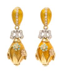 A Pair of 18 Karat Yellow Gold, Polychrome Enamel and Diamond Earclips, 15.20 dwts.