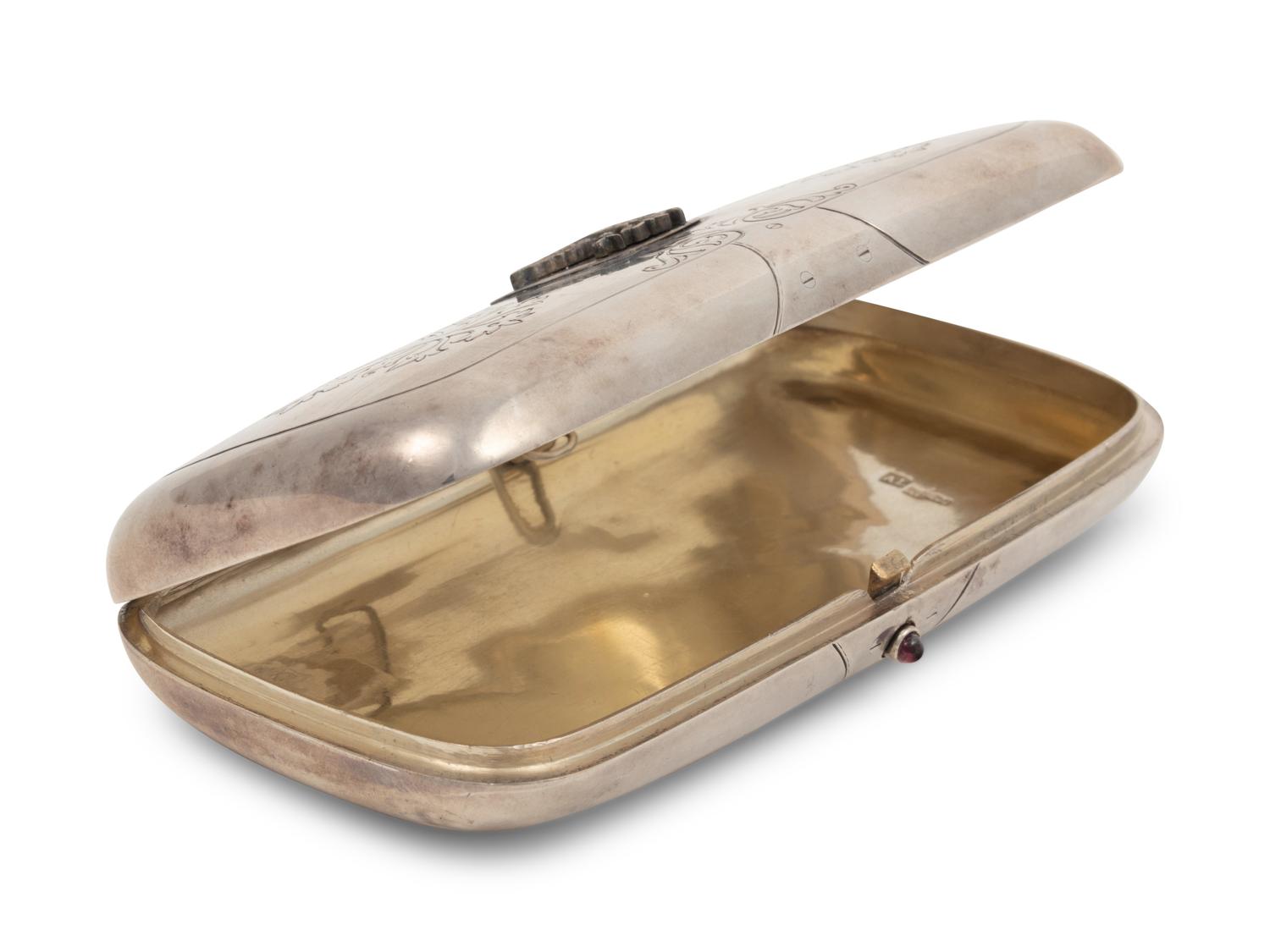 A Russian Silver Emerald and Diamond Inset Cigarette Case