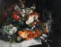 Still Life with Assorted Flowers, Fruit, and Objects d'arts on a Table