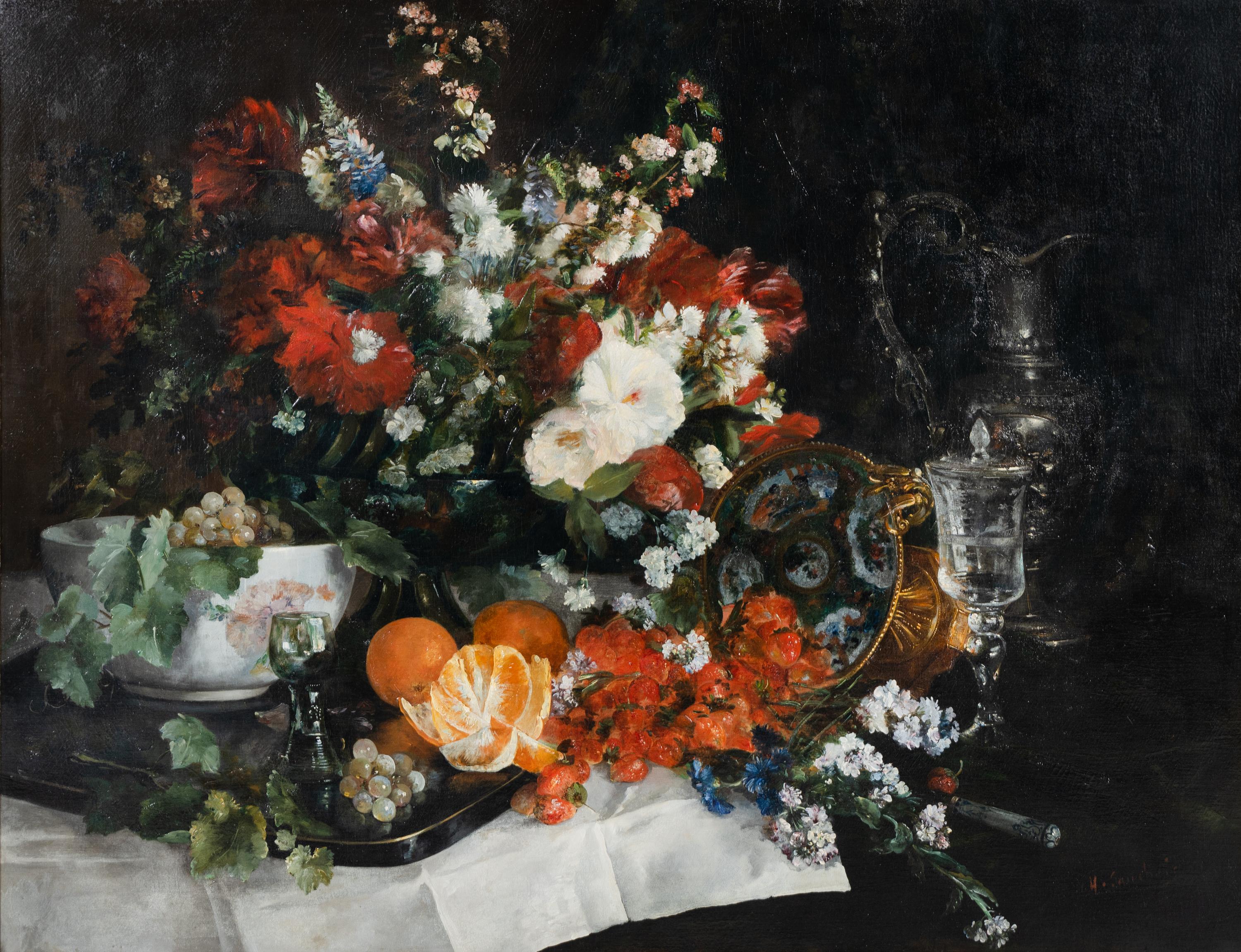 Still Life with Assorted Flowers, Fruit, and Objects d'arts on a Table
